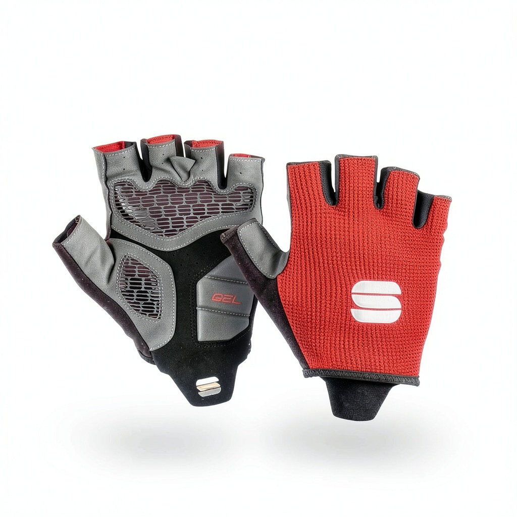 Gant Sportful rouge porté par un cycliste en action
