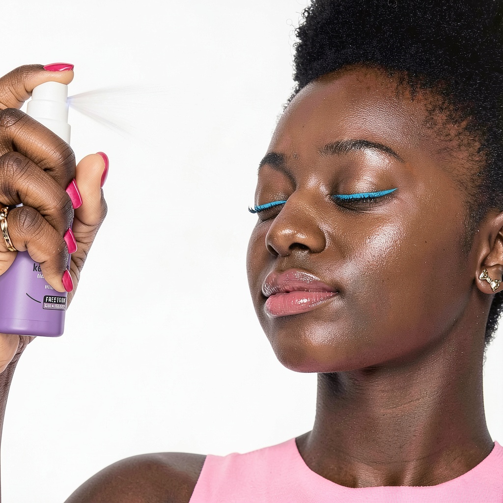 Application du spray fixateur Essence sur un visage maquillé