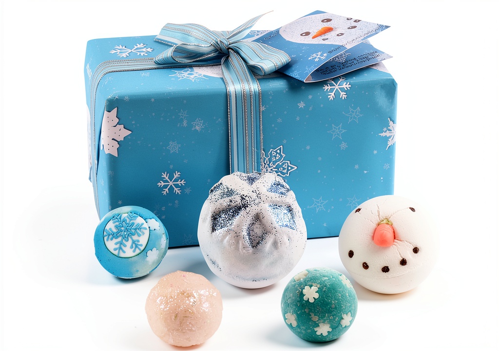 Coffret Let it Snow Bomb Cosmetics ouvert montrant les produits de bain