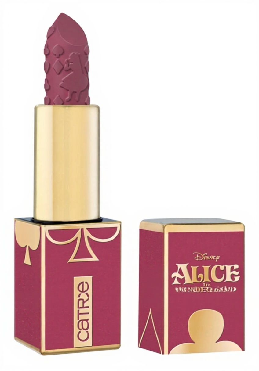 'Rouge à lèvres Catrice Disney Alice ouvert montrant la teinte mauve-fruits rouges'