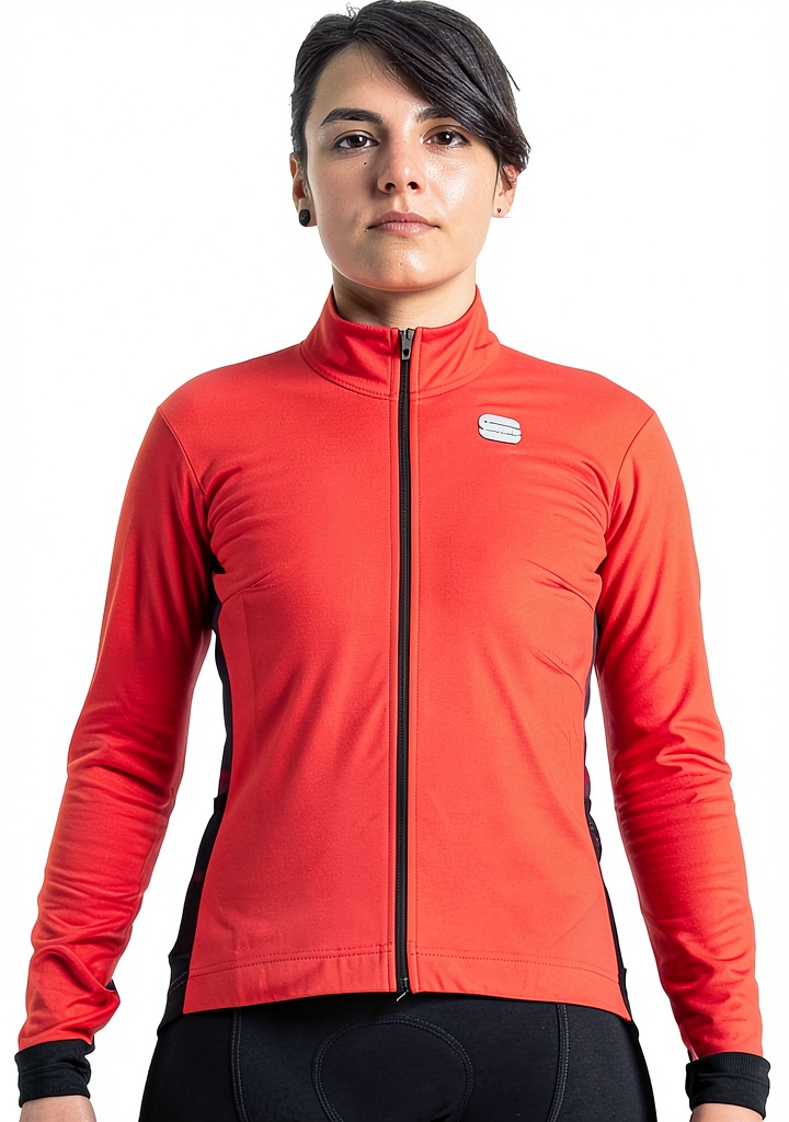 Femme portant le maillot Sportful orange lors d'une sortie vélo